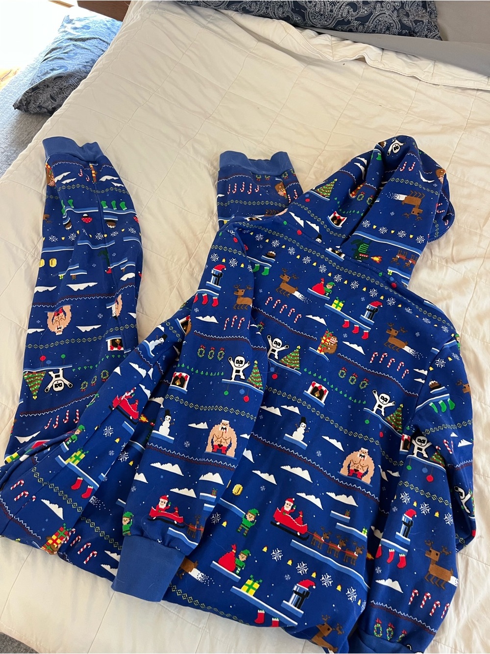 Mens Blue Holiday Print One-Piece Hoodie long pajamas
